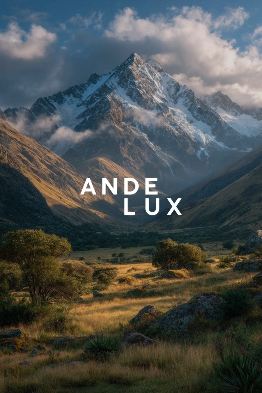 Valle andino con montañas nevadas y el wordmark Andelux integrado en el paisaje