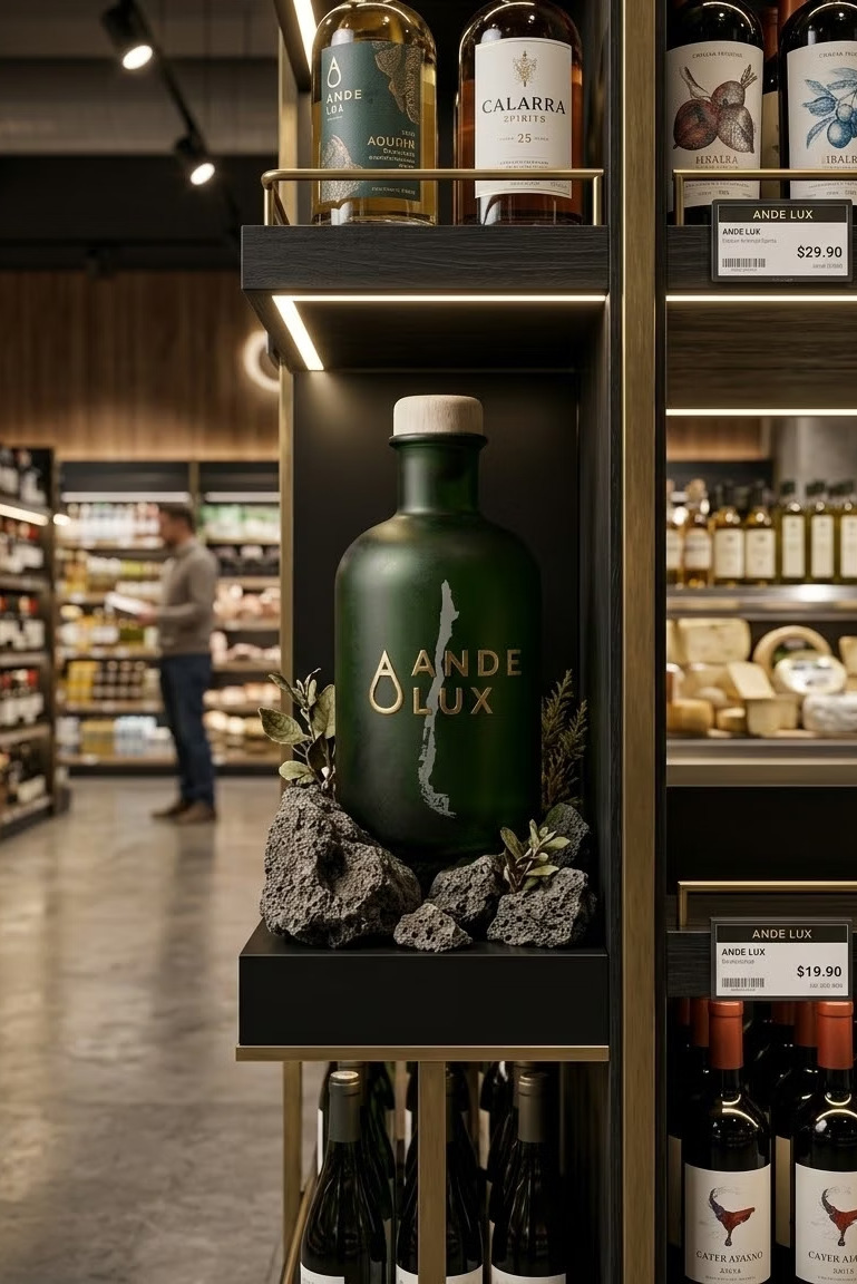 Botella Andelux en el lineal de una tienda gourmet premium