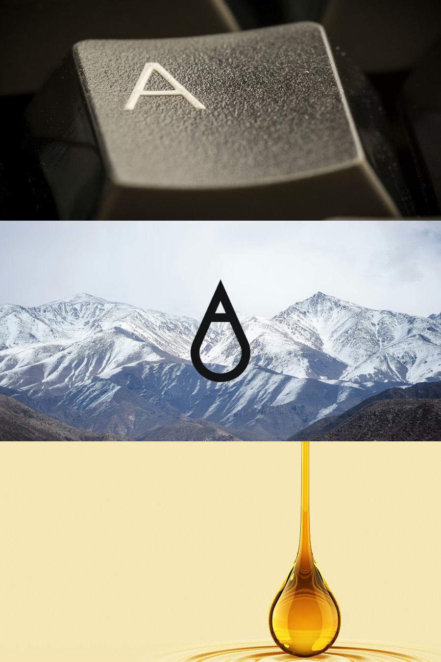 El isotipo de Andelux aplicado en contexto: una tecla con la letra A, las montañas andinas y una gota de aceite dorado