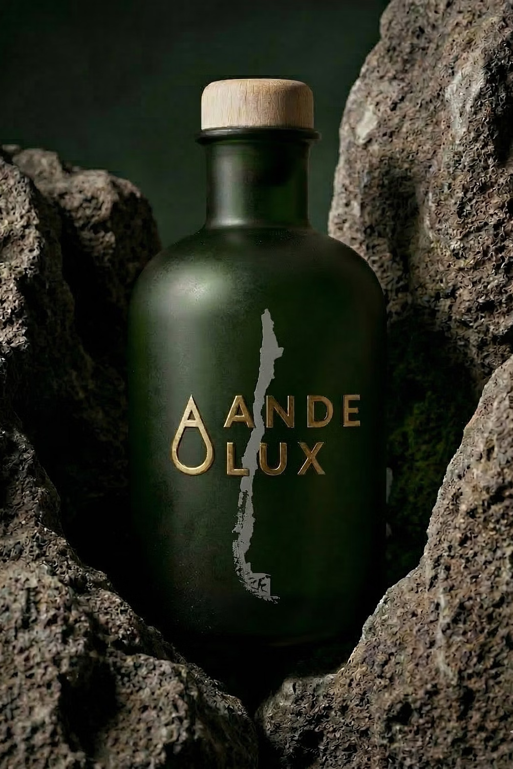 Botella premium de Andelux: vidrio esmerilado verde botella con etiqueta e isotipo en oro